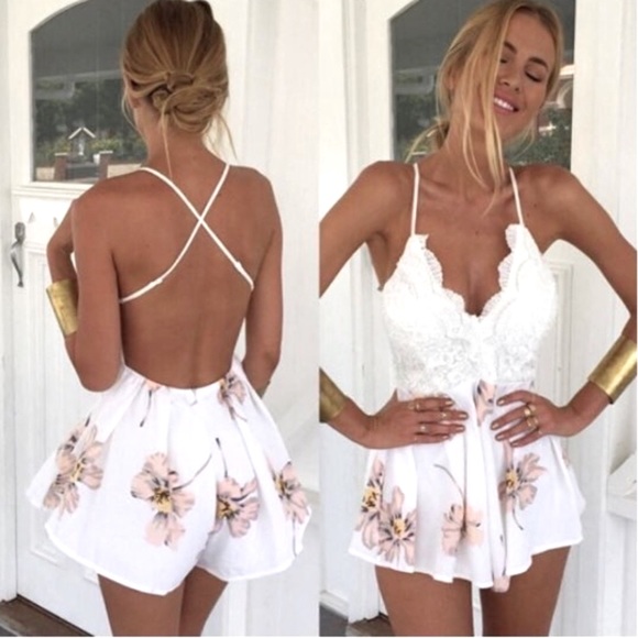 Pants - Floral Crochet Romper in Pink & White Brand New